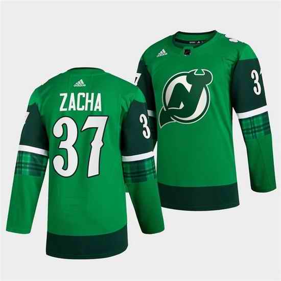 Men New jerseyy Devils #37 Pavel Zacha Green Warm Up St Patricks Day Stitched jersey