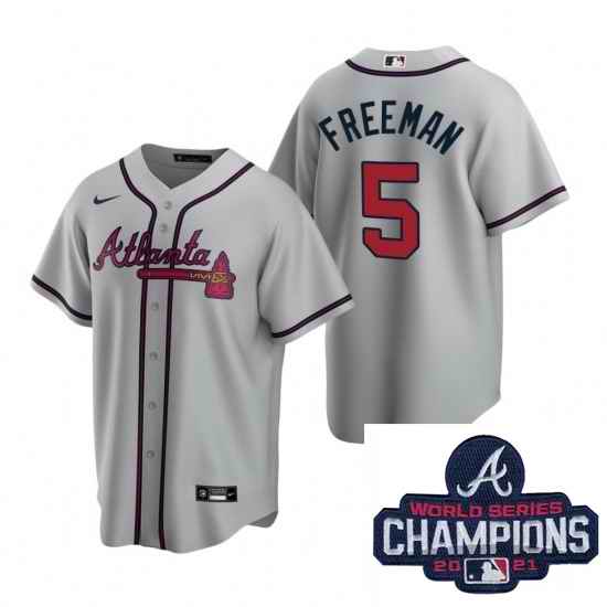 Men Nike Atlanta Braves #5 Freddie Freeman Gray Road Stitched Baseball Stitched MLB 2021 Champions Patch Jersey