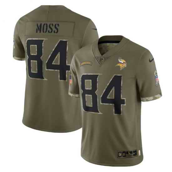 Men Minnesota Vikings #84 Randy Moss Olive 2022 Salute To Service Limited Stitched Jersey