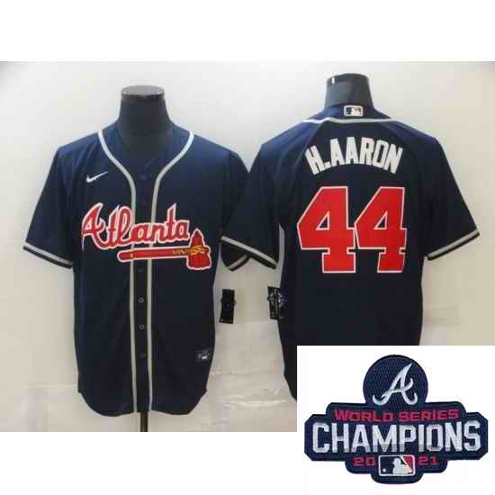 Men Nike Atlanta Braves #44 Hank Aaron Blue Stitched MLB 2021 Champions Patch Jersey