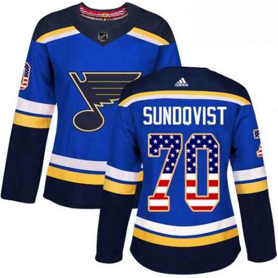 Womens Adidas St Louis Blues #70 Oskar Sundqvist Authentic Blue USA Flag Fashion NHL Jersey