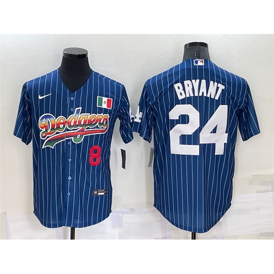 Men Los Angeles Dodgers Front #8 Back 24 Kobe Bryant Navy Mexico Rainbow Cool Base Stitched Baseball Jersey