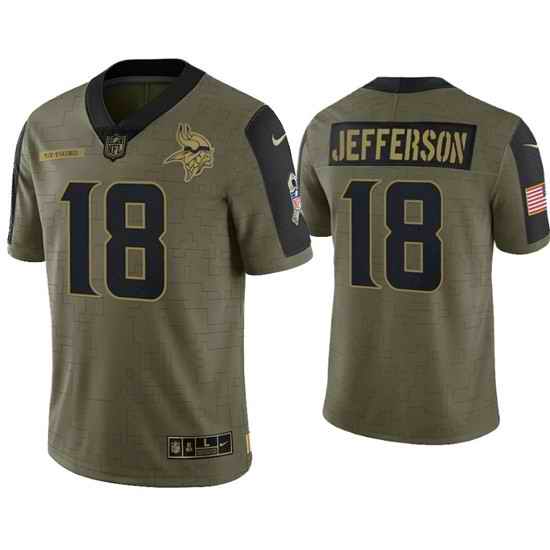 Men Minnesota Vikings #18 Justin Jefferson 2021 Olive Salute To Service Limited Stitched Jersey