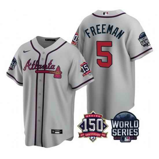Men Atlanta Braves #5 Freddie Freeman 2021 Gray World Series With 150th Anniversary Patch Cool Base Stitched Jersey