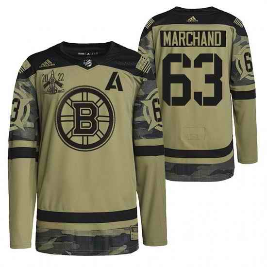 Men Boston Bruins #63 Brad Marchand 2022 Camo Military Appreciation Night Stitched jersey