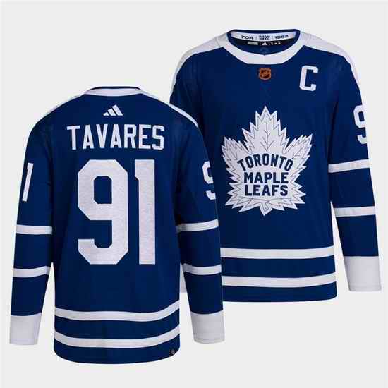 Men Toronto Maple Leafs Black #91 John Tavares Blue 2022 Reverse Retro Stitched Jersey