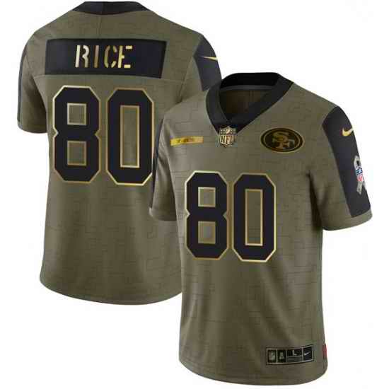 Men San Francisco 49ers #80 Jerry Rice 2021 Olive Camo Salute To Service Golden Limited Stitched Jersey