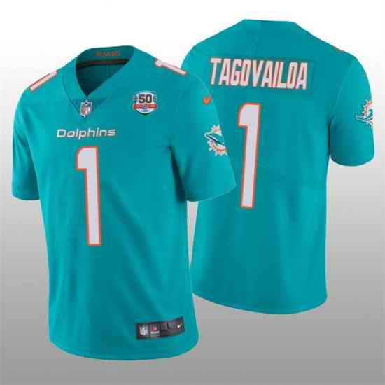 Men Miami Dolphins #1 Tua Tagovailoa 2022 Aqua With 50th Perfect Season Patch Limited Stitched Jersey