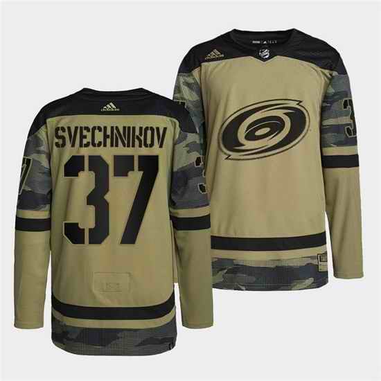 Men Carolina Hurricanes #37 Andrei Svechnikov 2022 Camo Military Appreciation Night Stitched jersey