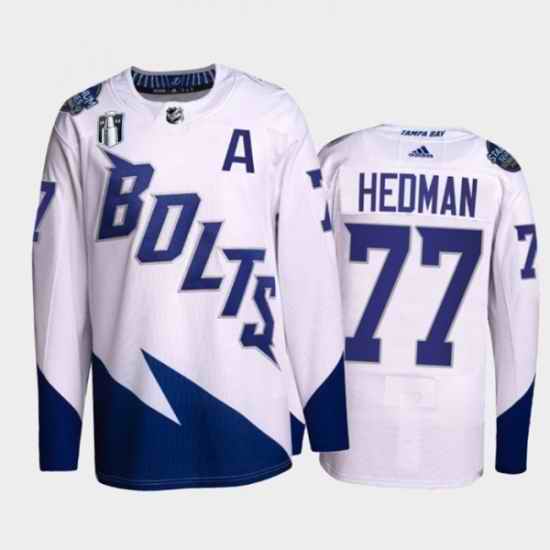Men Tampa Bay Lightning #77 Victor Hedman 2022 White Stanley Cup Final Patch Stitched Jersey
