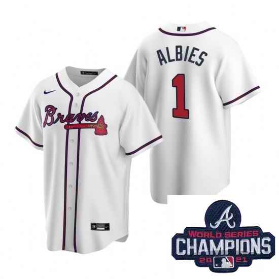Men Nike Atlanta Braves #1 Ozzie Albies White Home Stitched Baseball Stitched MLB 2021 Champions Patch Jersey