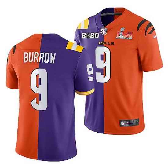 Men Cincinnati Bengals X LSU Tigers #9 Joe Burrow 2022 Purple Orange Split Super Bowl LVI Stitched Jersey