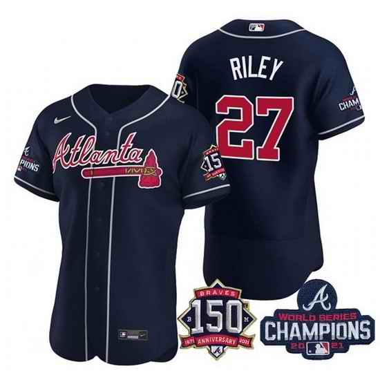 Men's Navy Atlanta Braves #27 Austin Riley Swanson 2021 World Series Champions With 150th Anniversary Flex Base Stitched Jersey