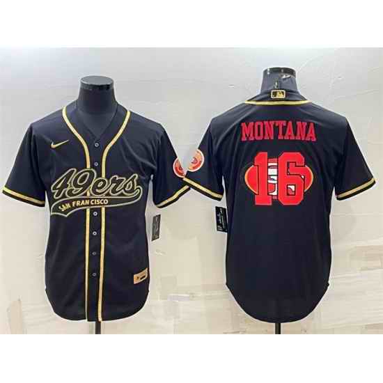 Men San Francisco 49ers #16 Joe Montana Black Gold Team Big Logo With Patch Cool Base Stitched Baseball Jersey