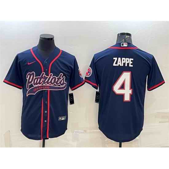 Men New England Patriots #4 Bailey Zappe Navy With Path Cool Base Stitched Baseball Jersey