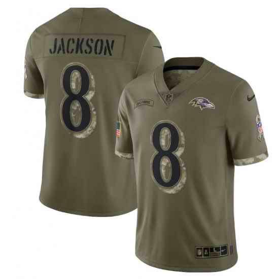 Men Baltimore Ravens #8 Lamar Jackson Olive 2022 Salute To Service Limited Stitched Jersey