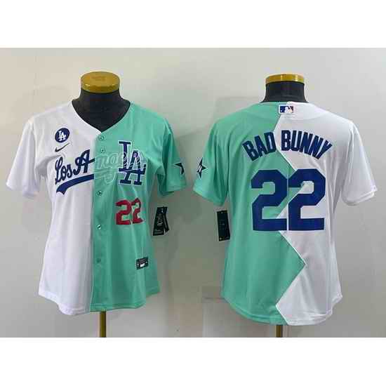 Women Los Angeles Dodgers #22 Bad Bunny 2022 All Star White Green Split Stitched Baseball Jerseys  28 Run Small 29