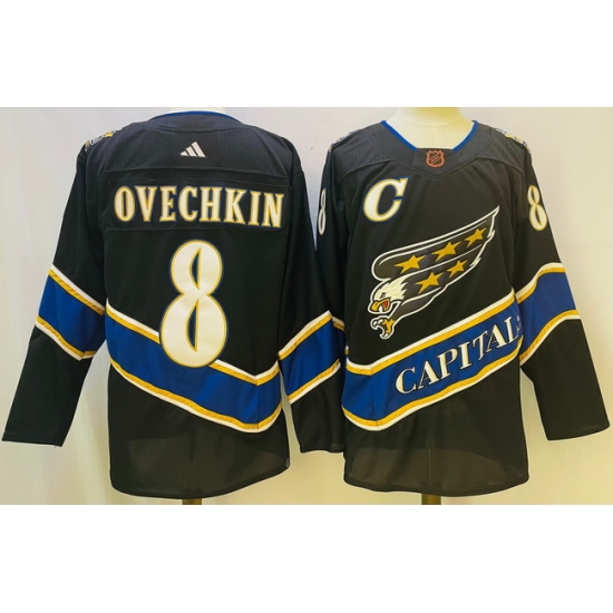 Men Washington Capitals #8 Alex Ovechkin Black 2022 23 Reverse Retro Stitched NHL Jersey