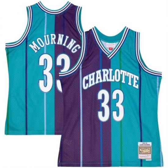 Men Charlotte Hornets 33 Alonzo Mourning Teal Purple Split 1992 93 Mitchell  #26 Ness Swingman Stitched Jersey