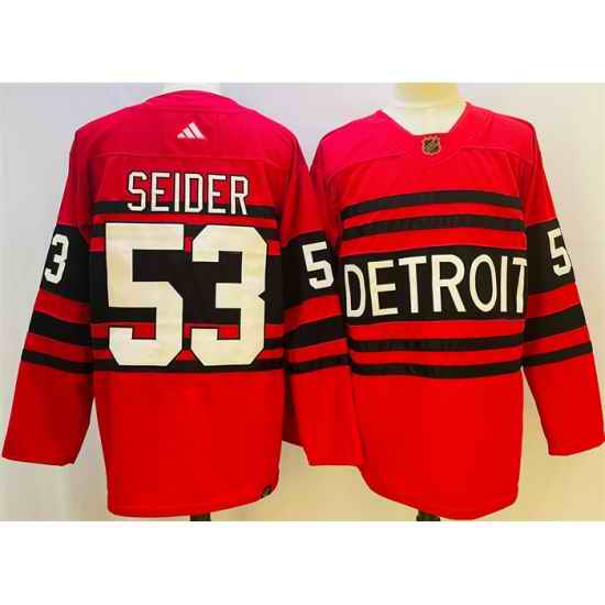 Men Detroit Red Wings 53 Moritz Seider Red 2022 #23 Reverse Retro Stitched Jersey