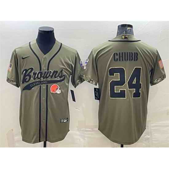 Men Cleveland Browns #24 Nick Chubb Olive 2022 Salute To Service Cool Base Stitched Baseball Jersey