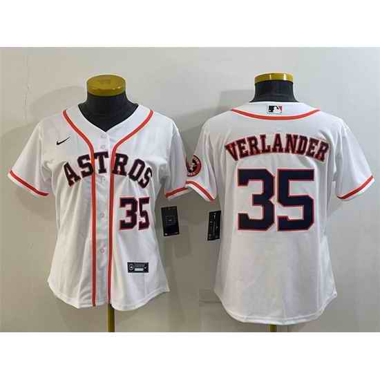 Women Houston Astros #35 Justin Verlander White With Patch Cool Base Stitched Baseball Jerseys