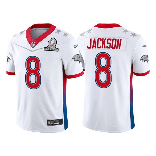 Men’s Baltimore Ravens #8 Lamar Jackson 2022 White AFC Pro Bowl Stitched Jersey