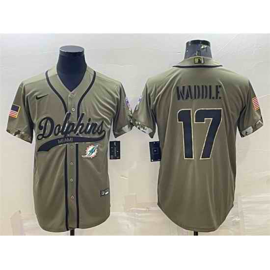Men Miami Dolphins #17 Jaylen Waddle Olive 2022 Salute To Service Cool Base Stitched Baseball Jersey
