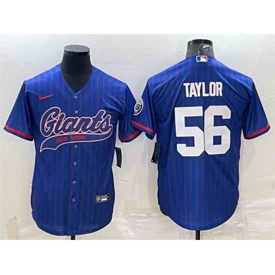 Men New York Giants #56 Lawrence Taylor Blue With Patch Cool Base Stitched Baseball Jersey