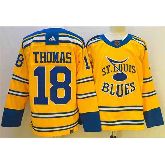 Men St  Louis Blues #18 Robert Thomas Yellow 2022 23 Reverse Retro Stitched Jersey