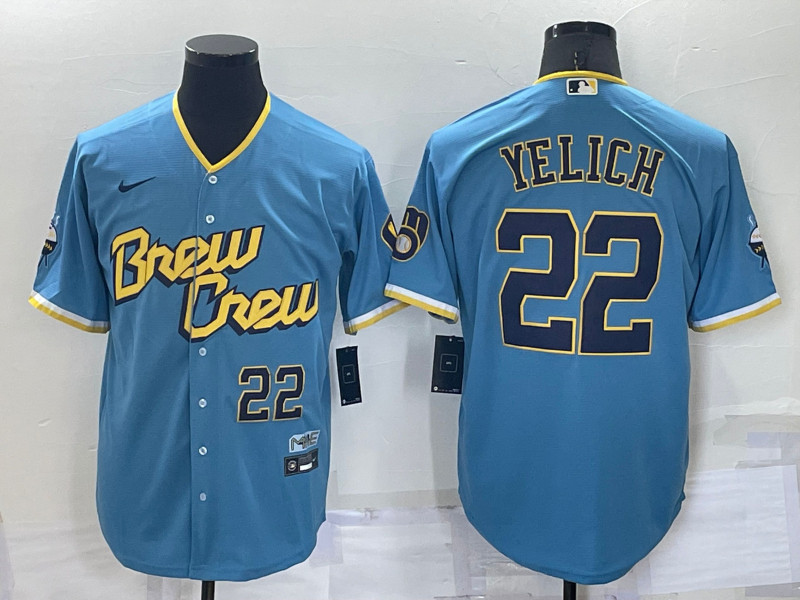 Brewers #22 Christian Yelich Blue Nike 2022 City Connect Cool Base Jersey