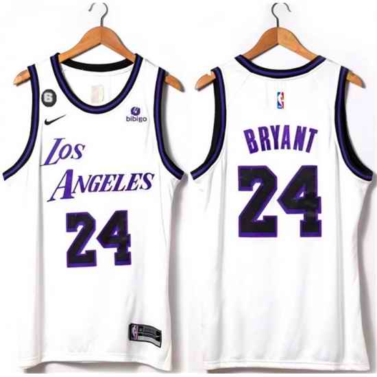 Men Los Angeles Lakers 24 Kobe Bryant 2022 23 White With NO #6 Patch Stitched Basketball Jersey