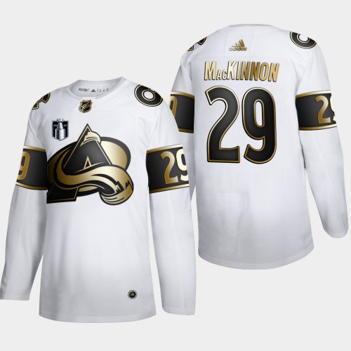 Colorado Colorado Avalanche #29 Nathan MacKinnon Men’s 2022 Stanley Cup Final Patch Adidas White Golden Edition Limited Stitched NHL Jersey Men’s