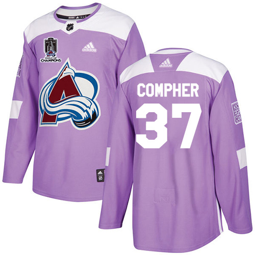 Adidas Colorado Avalanche #37 J.T. Compher Purple 2022 Stanley Cup Champions Authentic Fights Cancer Stitched NHL Jersey Men’s