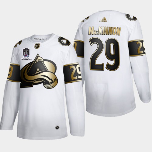 Colorado Colorado Avalanche #29 Nathan MacKinnon Men’s 2022 Stanley Cup Champions Adidas White Golden Edition Limited Stitched NHL Jersey Men’s