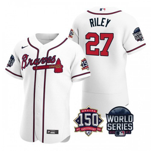 Atlanta Atlanta Braves #27 Austin Riley Men’s Nike 150th Anniversary 2021 World Series Authentic MLB Jersey – White Men’s
