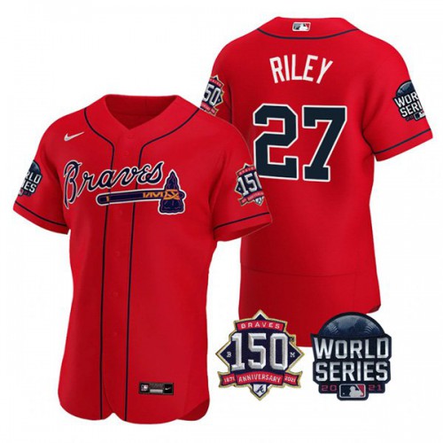Atlanta Atlanta Braves #27 Austin Riley Men’s Nike 150th Anniversary 2021 World Series Authentic MLB Jersey – Red Men’s
