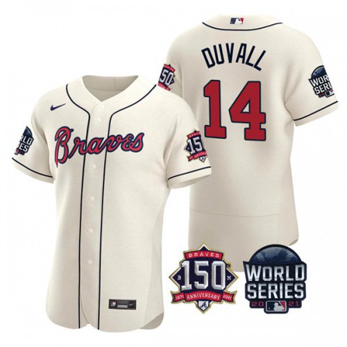 Atlanta Atlanta Braves #14 Adam Duvall Men’s Nike 150th Anniversary 2021 World Series Authentic MLB Jersey – Cream Men’s