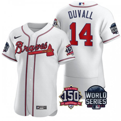 Atlanta Atlanta Braves #14 Adam Duvall Men’s Nike 150th Anniversary 2021 World Series Authentic MLB Jersey – White Men’s