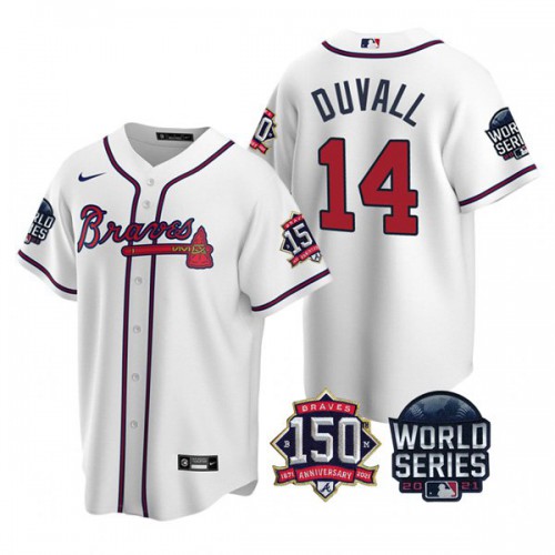 Atlanta Atlanta Braves #14 Adam Duvall Men’s Nike 150th Anniversary 2021 World Series Game MLB Jersey – White Men’s