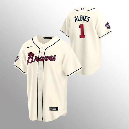 Atlanta Atlanta Braves #1 Ozzie Albies Men’s Nike 150th Anniversary 2021 World Series Game MLB Jersey – Cream Men’s