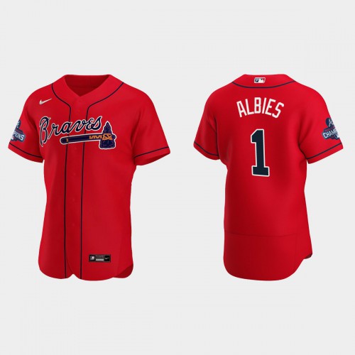 Atlanta Atlanta Braves #1 Ozzie Albies Men’s Nike 2021 World Series Champions Patch MLB Authentic Player Jersey – Red Men’s