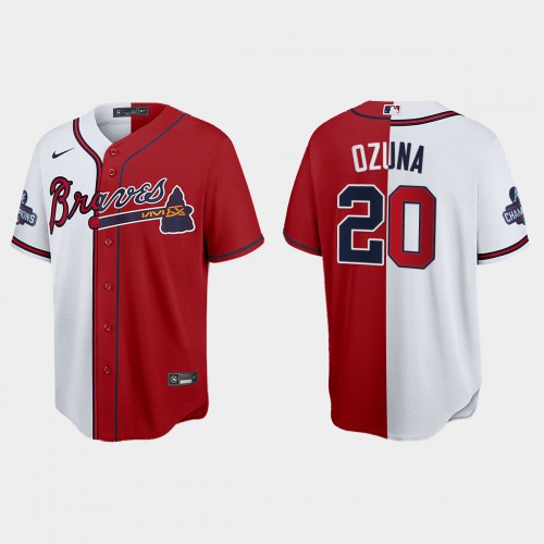 Atlanta Atlanta Braves #20 Marcell Ozuna Men’s Nike 2021 World Series Champions Split Red White MLB Stitched Jersey Men’s