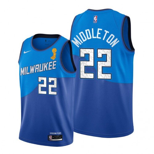 Nike Milwaukee Bucks #22 Khris Middleton 2021 NBA Finals Champions City Edition Jersey Blue Men’s