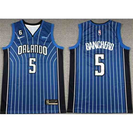 Men Orlando Magic #5 Paolo Banchero Blue With No 6 Patch Icon Edition Stitched Swingman Jersey
