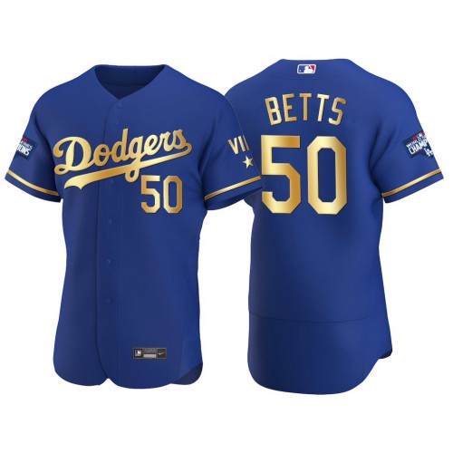 Los Angeles Los Angeles Dodgers #50 Mookie Betts Men’s Nike Authentic 2021 Gold Program World Series Champions MLB Jersey Royal Men’s