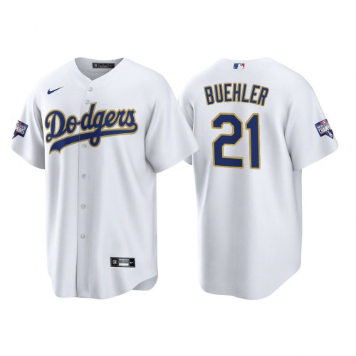 Los Angeles Los Angeles Dodgers #21 Walker Buehler Men’s Nike 2021 Gold Program World Series Champions MLB Jersey Whtie Men’s