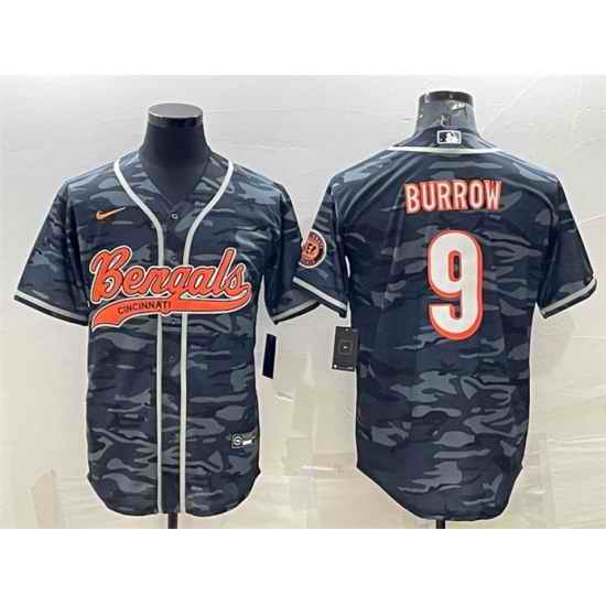 Men Cincinnati Bengals #9 Joe Burrow Grey Camo With Patch Cool Base Stitched Baseball Jersey