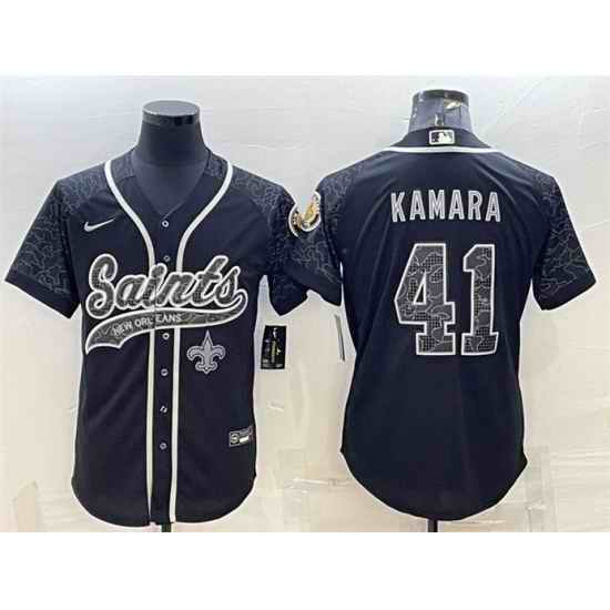 Men New Orleans Saints #41 Alvin Kamara Black Reflective With Patch Cool Base Stitched Baseball Jersey