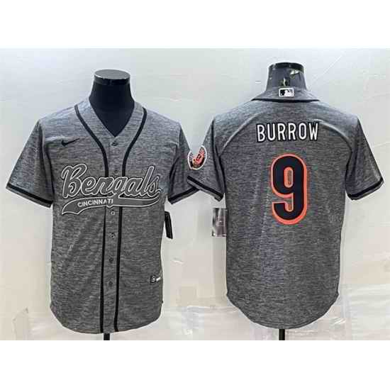 Men Cincinnati Bengals #9 Joe Burrow Grey With Patch Cool Base Stitched Baseball Jersey